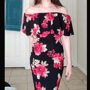 NEW Sexy Ruffle Off Cold Shoulder Flower Rose Bodycon Midi Dress Knee Length
